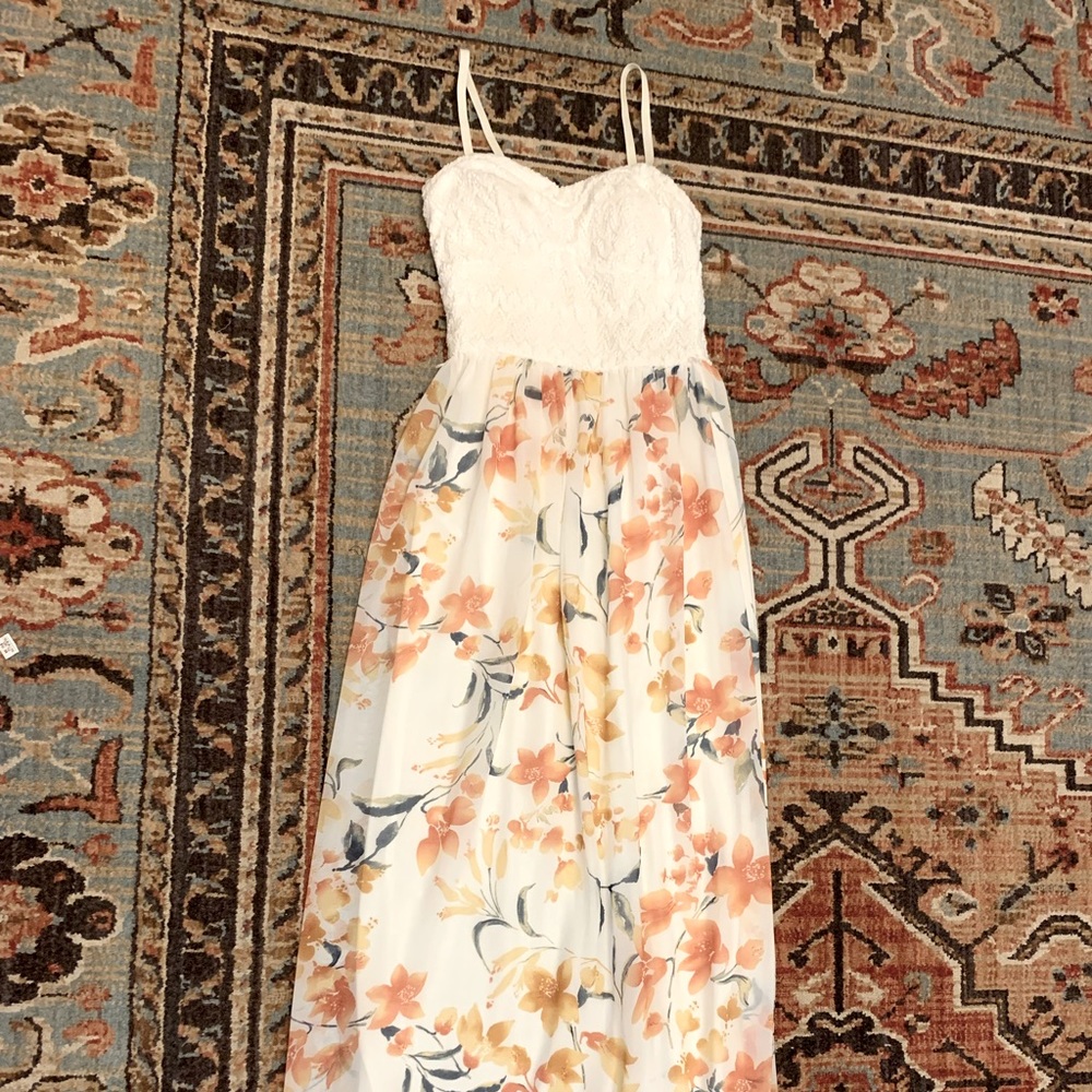 Foral Maxi Dress - Adjustable Straps Crochet Top